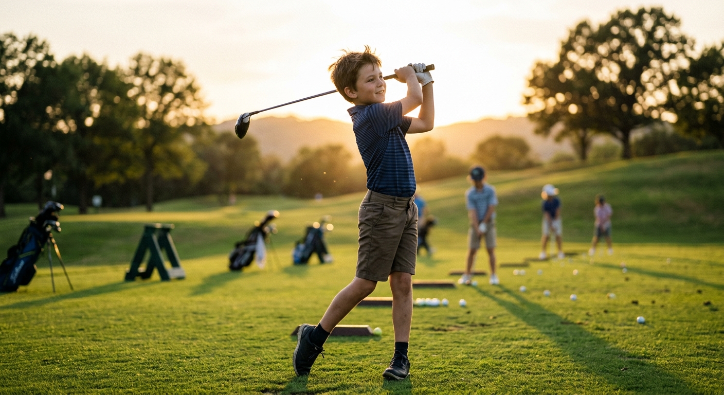 Junior golfer mid-swing on a sunlit range